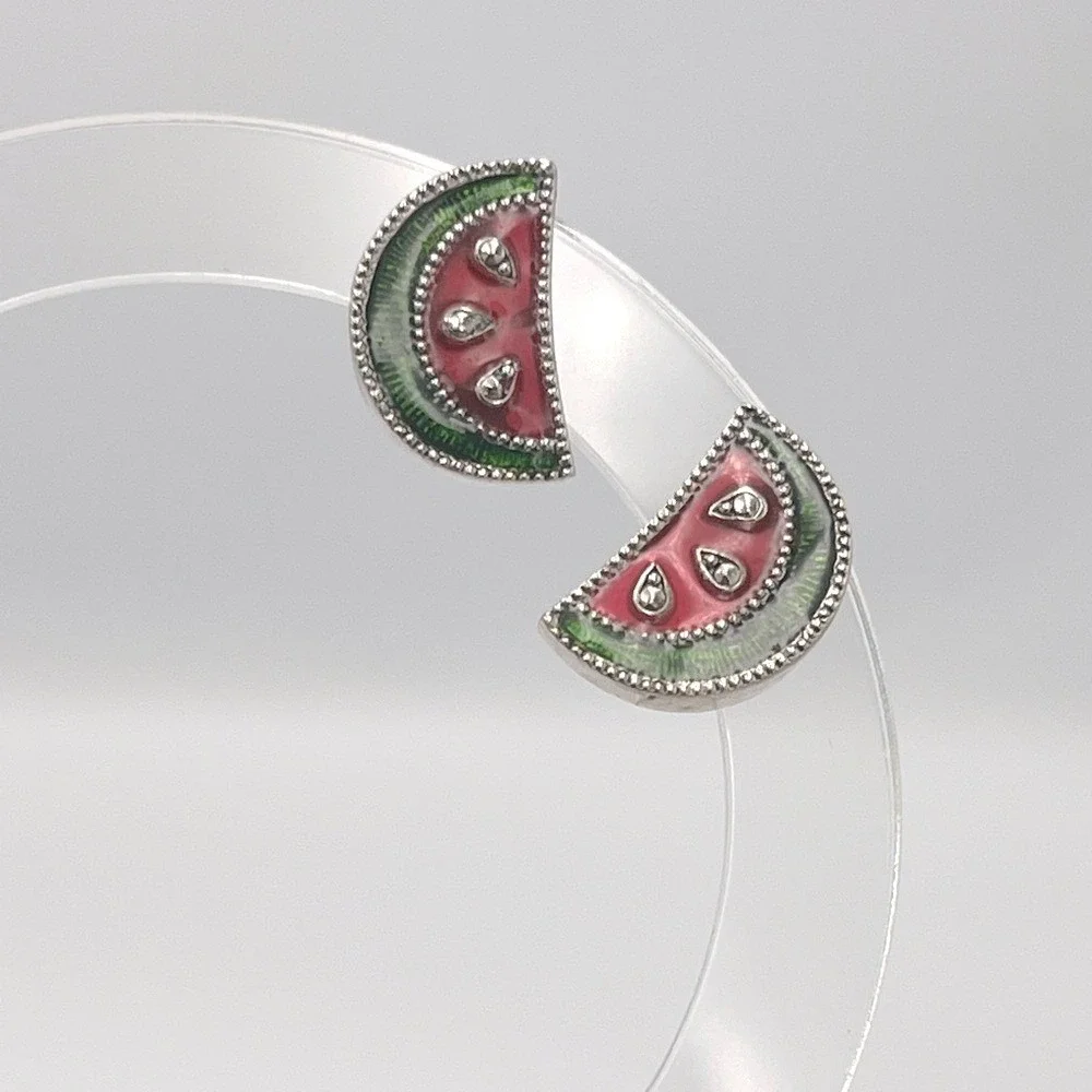 Avon Watermelon Slice Enamel Stud Earrings Silver Tone Vintage Summer Jewelry